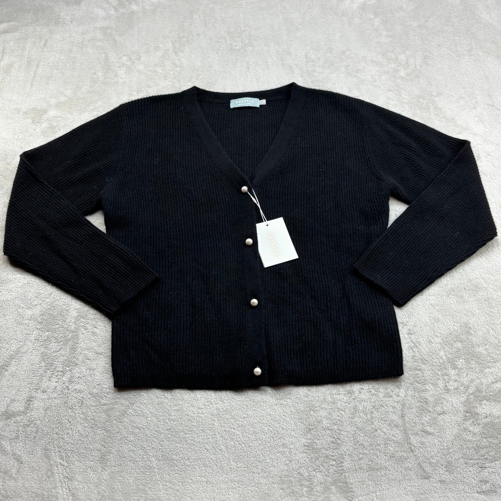 Ravella Cardigan Women L Black 100% Cashmere Ribbed V-Neck Pearl Button Sweater